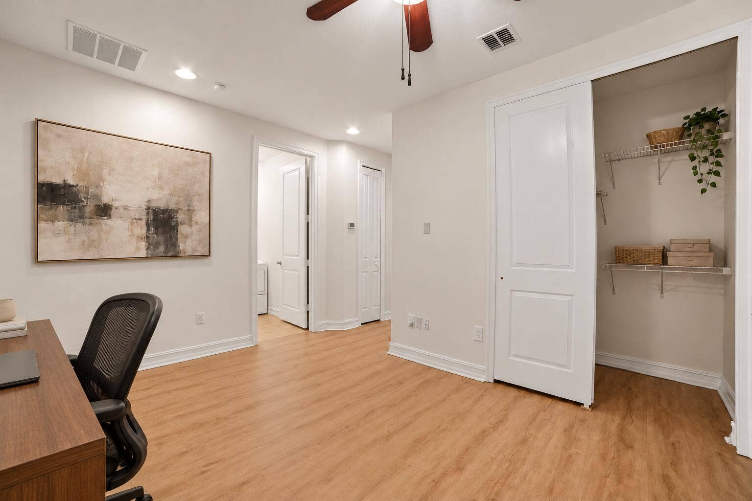 13011 Riverwalk Circle N, Plantation, Plantation, FL 33325 Interior space featuring wood-finish flooring, a ceiling fan with integrated lighting, recessed lighting, and a closet with wire shelving