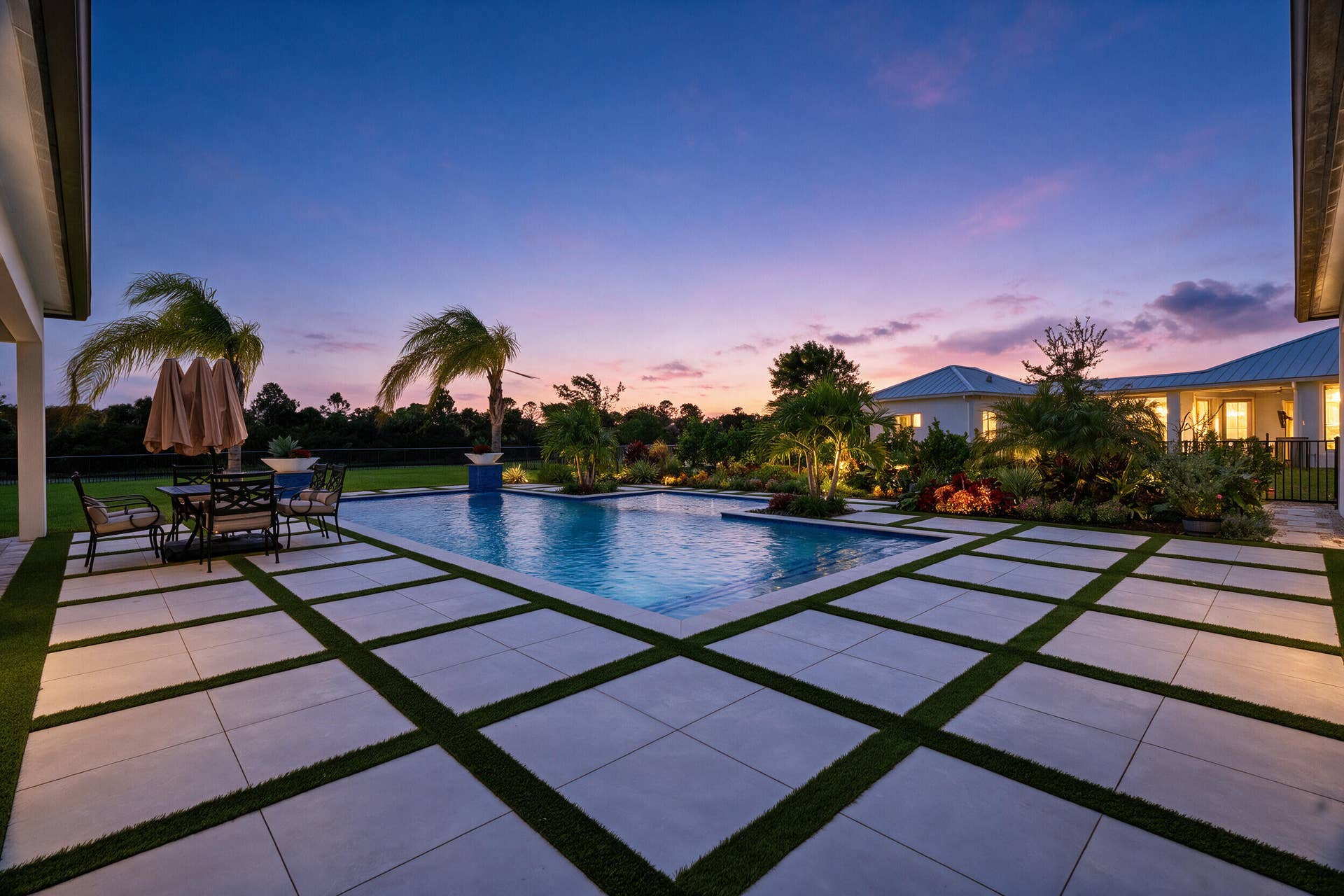 20036 SE BRIDGEWATER Drive, Jupiter, FL 33458 Rectangular swimming pool featuring a grid-patterned paver deck with integrated turf detailing, manicured landscaping, and mature palm trees