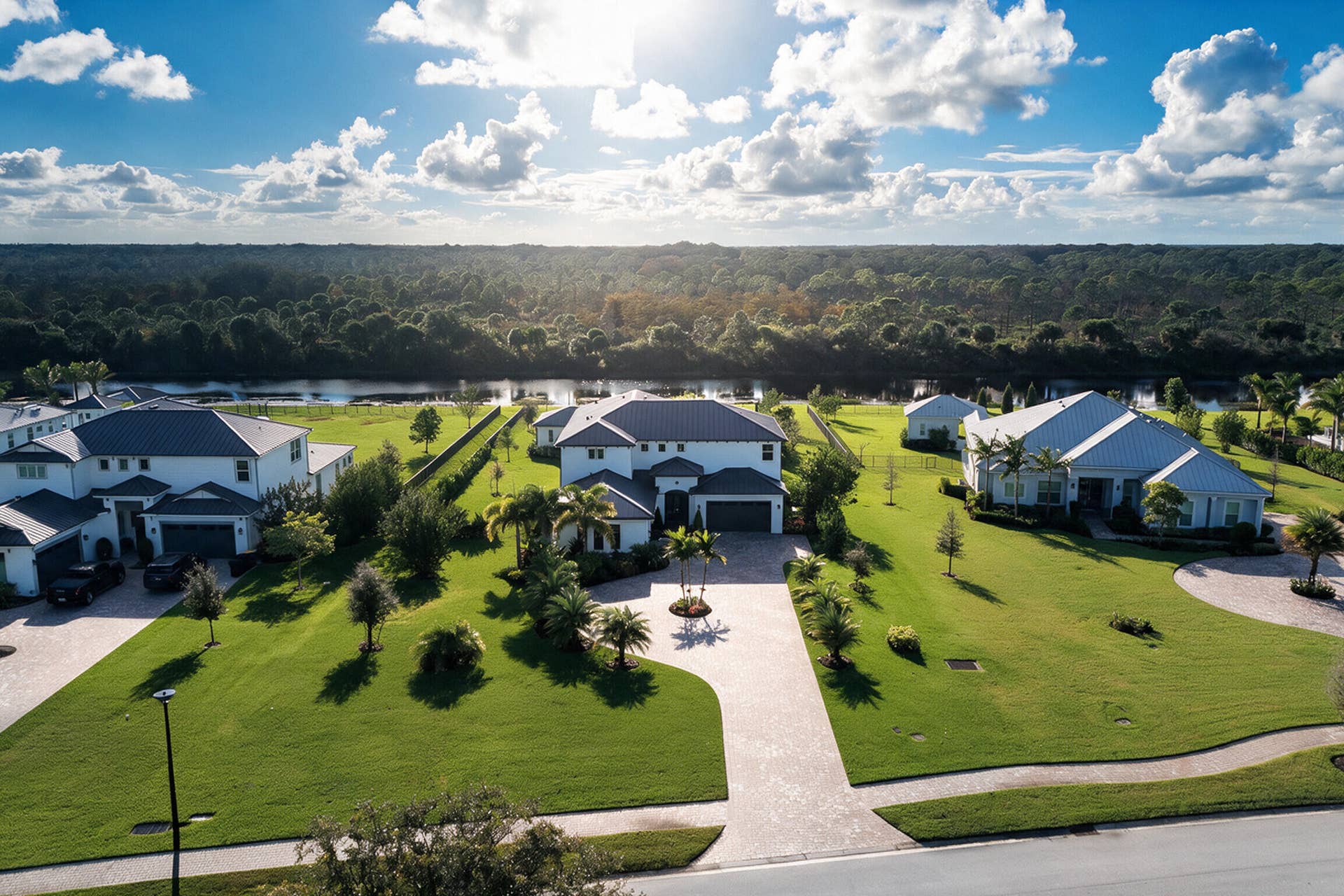 20036 SE BRIDGEWATER Drive, Jupiter, FL 33458 Aerial perspective of residential properties featuring metal roofing, paved driveways, landscaped lawns, and waterfront acreage