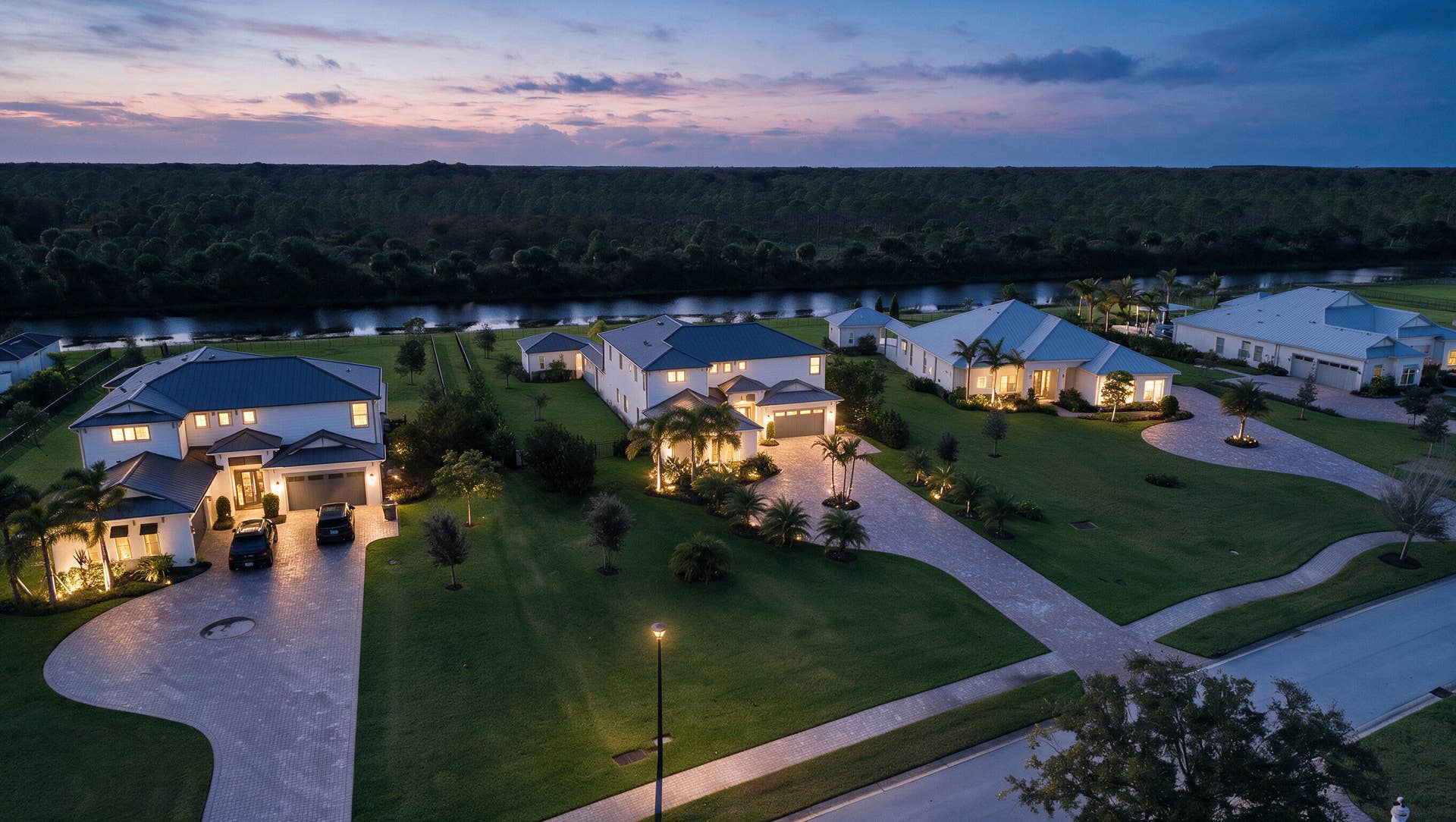 20036 SE BRIDGEWATER Drive, Jupiter, FL 33458 Aerial perspective of waterfront properties featuring multi-story residences, paved driveways, hipped rooflines, and manicured lawns