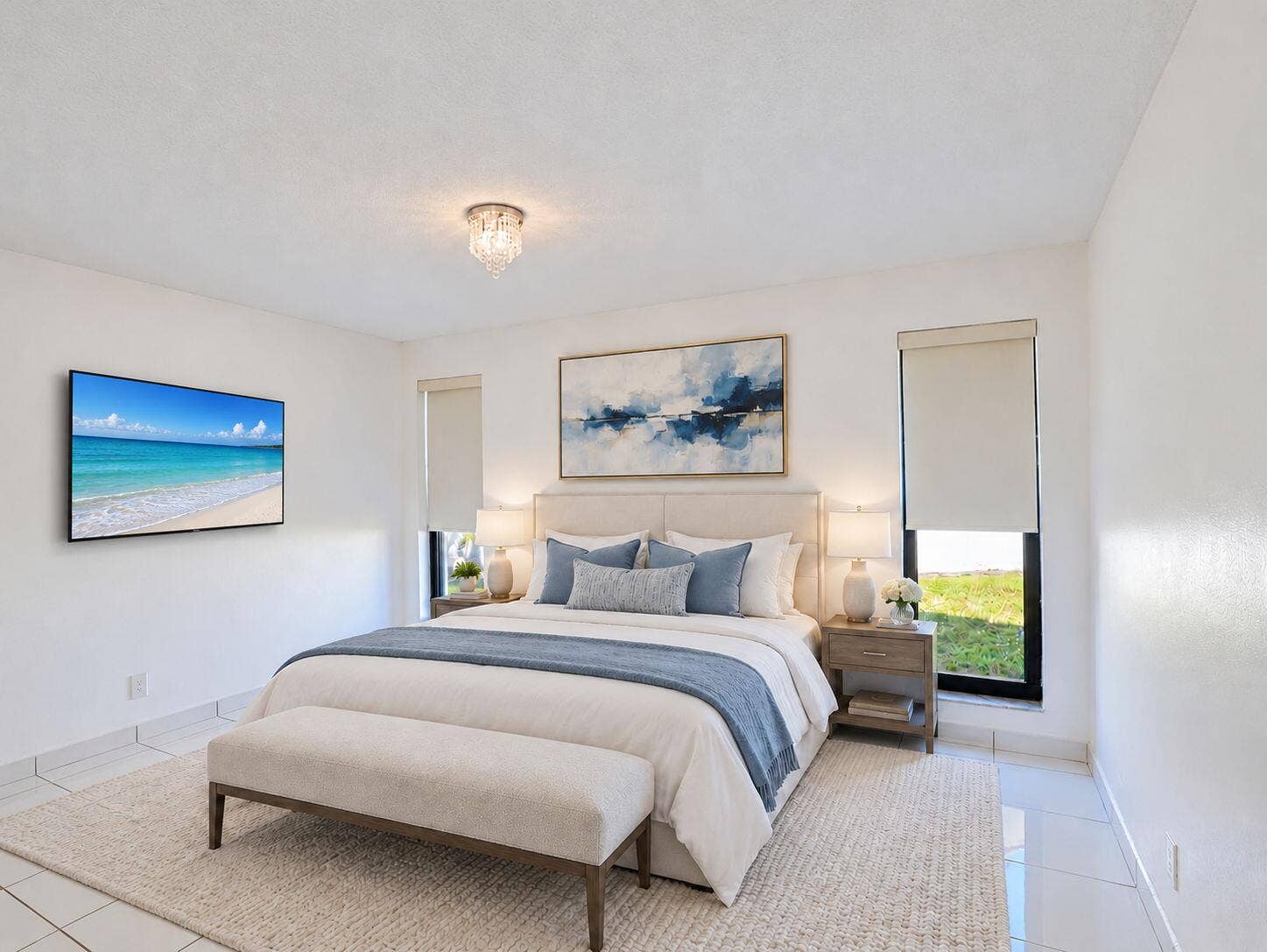2079 SW 16TH Circle, Deerfield Beach, FL 33442 Neutral-toned interior space featuring light-colored tile flooring, floor-to-ceiling windows with roller shades, and a crystal flush-mount ceiling light fixture