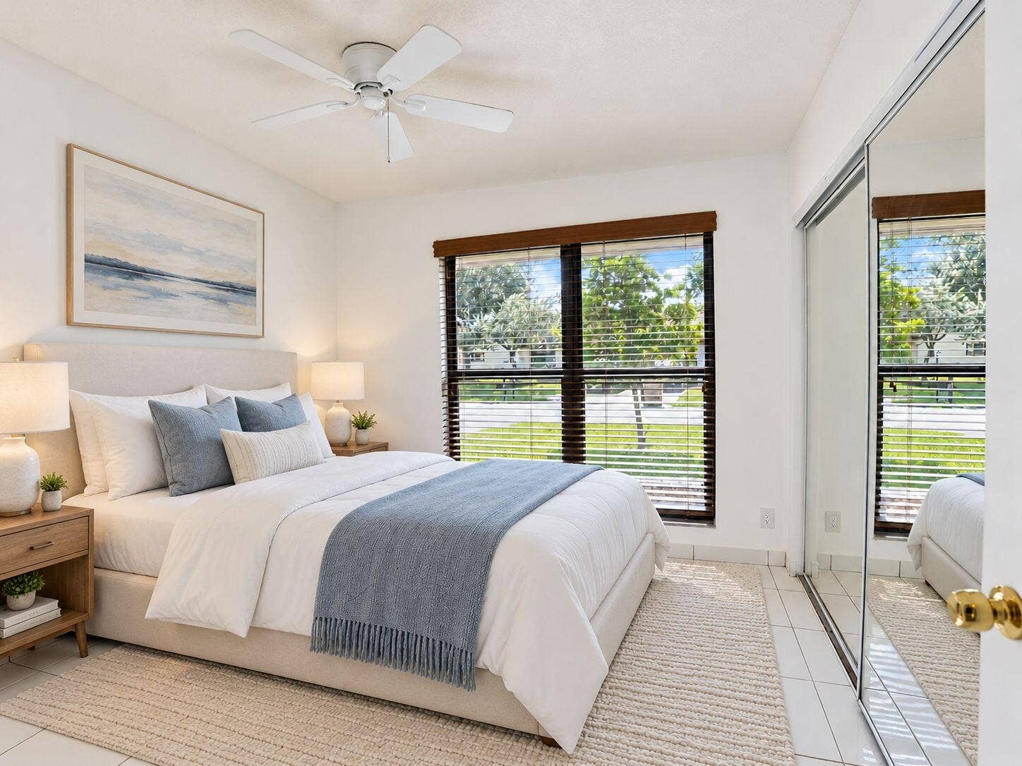2079 SW 16TH Circle, Deerfield Beach, FL 33442 Bedroom featuring neutral tile flooring, a white ceiling fan, large windows with horizontal blinds, and a built-in closet with mirrored sliding doors