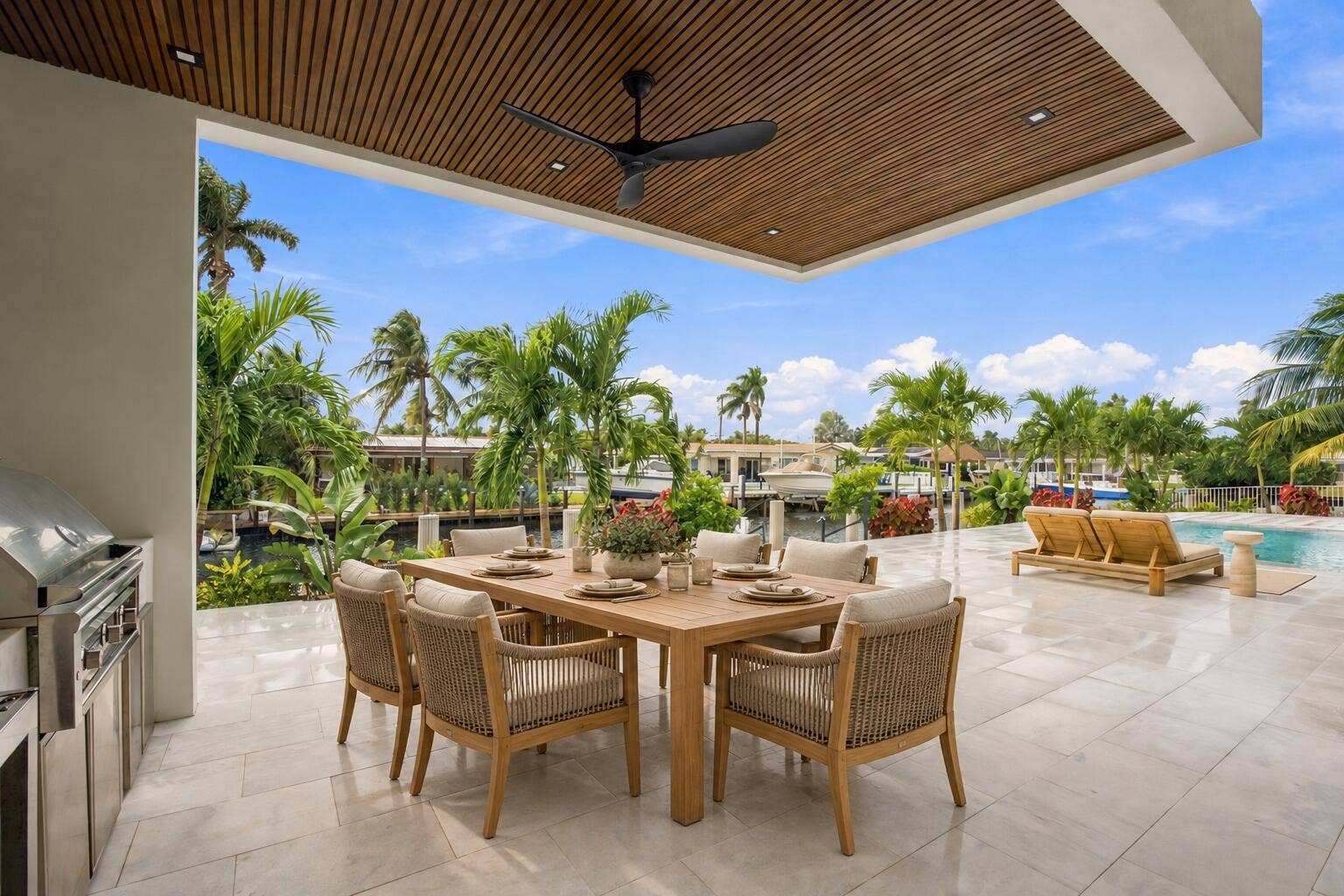 4931 NE 25TH Avenue, Lighthouse Point, FL 33064 Teak Dining Set on Waterfront Patio