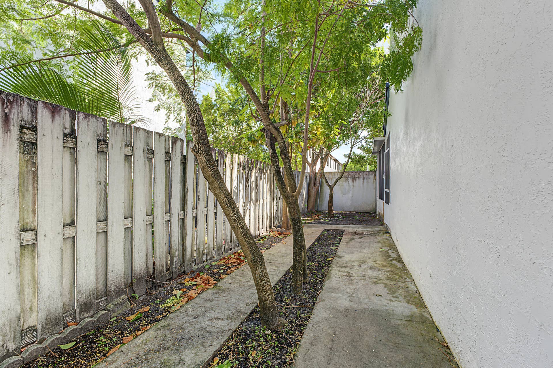 21109 NE 3RD Court, Miami, FL 33179 Side yard featuring concrete paving, mature trees, and vertical wood fencing