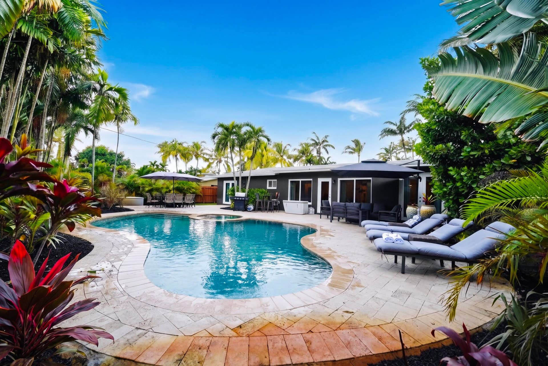 380 NW 35TH Court, Oakland Park, FL 33309 Curved in-ground swimming pool with an integrated spa, surrounded by natural stone hardscaping, mature tropical landscaping, and a dark-toned exterior home facade