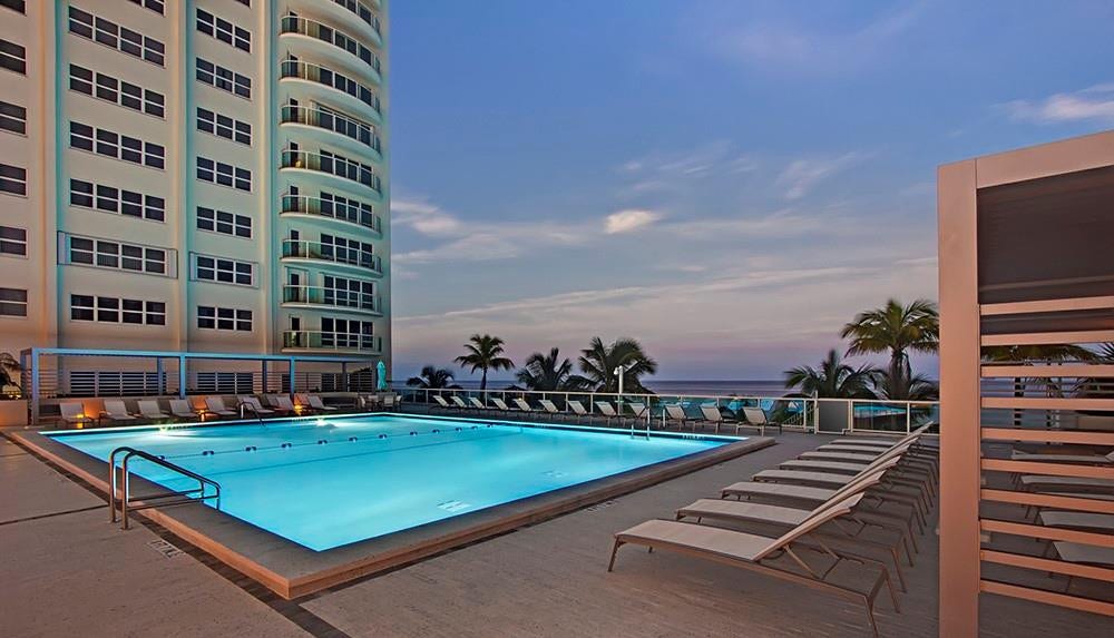 3400 Galt Ocean Drive, #1104 S, Fort Lauderdale, FL 33308 Southpoint's pool and fountains are beautifully lit up at night.
