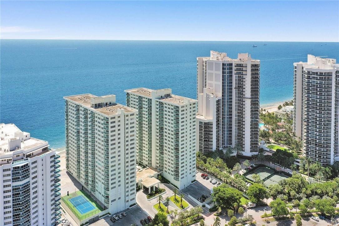 3400 Galt Ocean Drive, #1104 S, Fort Lauderdale, FL 33308 Southpoint; the two high rise towers in the middle. The south tower, 3400 Galt Ocean, is on the right. The lobby connects to the north tower, 3410 Galt Ocean. Our pool is between the two towers, and the tennis court is to the left of the north tower.