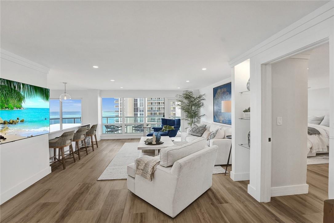 This is a split bedroom layout apartment, so both bedrooms and full baths are on opposite sides of the apartment. To your right is the entrance to the primary bedroom.