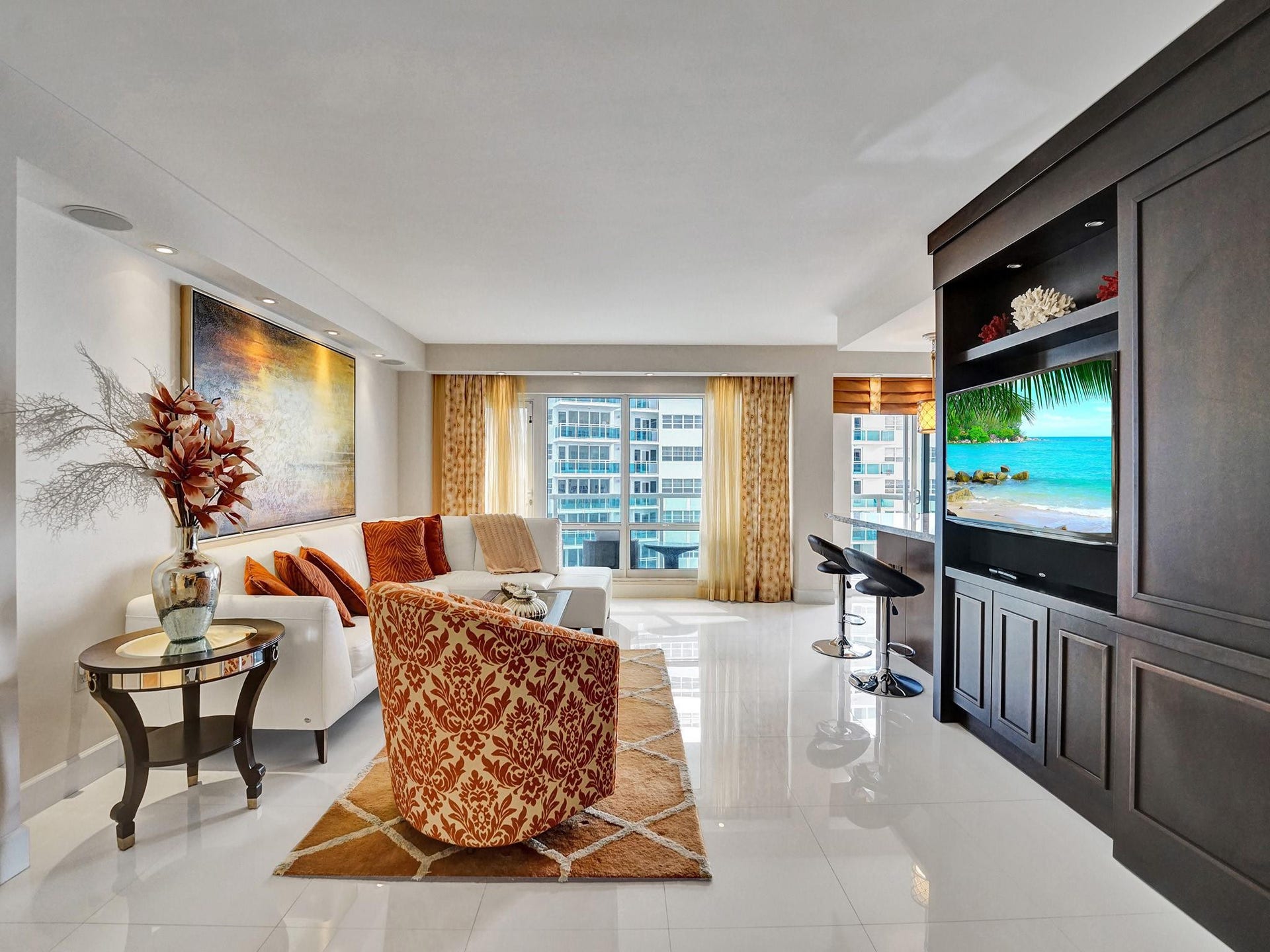 Recessed lighting runs thru out this lovely apartment.