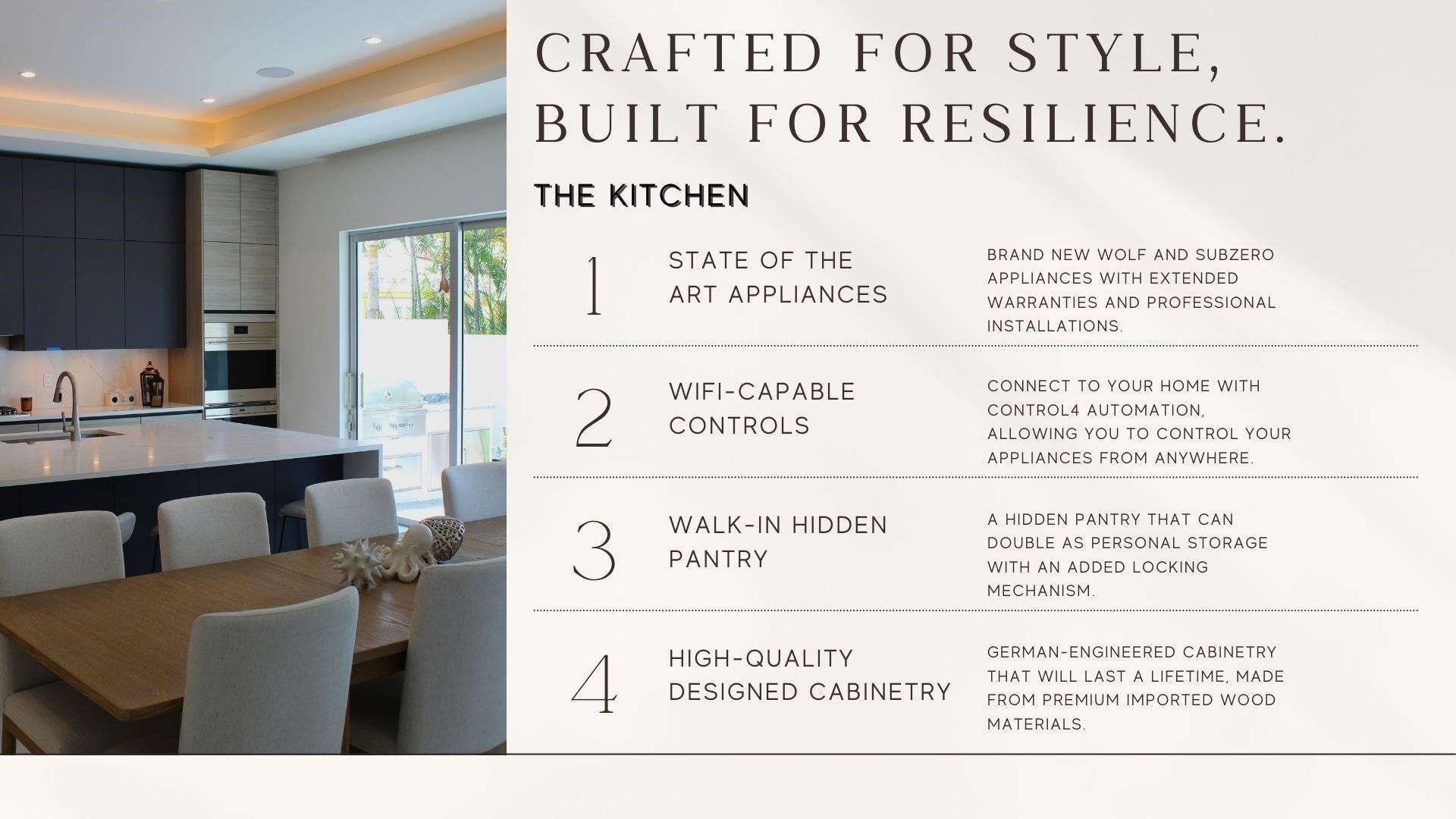 The kitchen is the heart of the home, where thoughtful design and high-end appliances elevate everyday moments. From casual mornings to effortless entertaining, this space brings people together and makes every meal feel special.