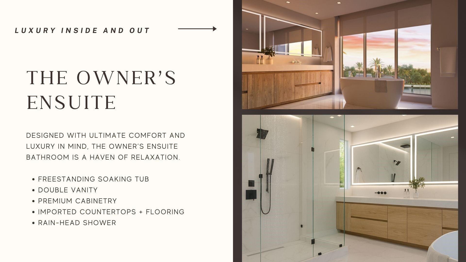The primary bathroom is a true spa retreat, featuring dual vanities for shared comfort, a custom-designed shower with an overhead rain feature, and a sculptural soaking tub that invites long, unhurried moments. Thoughtfully designed for both connection and privacy, this is a space where mornings feel indulgent, evenings feel restorative, and everyday routines become something you truly look forward to.