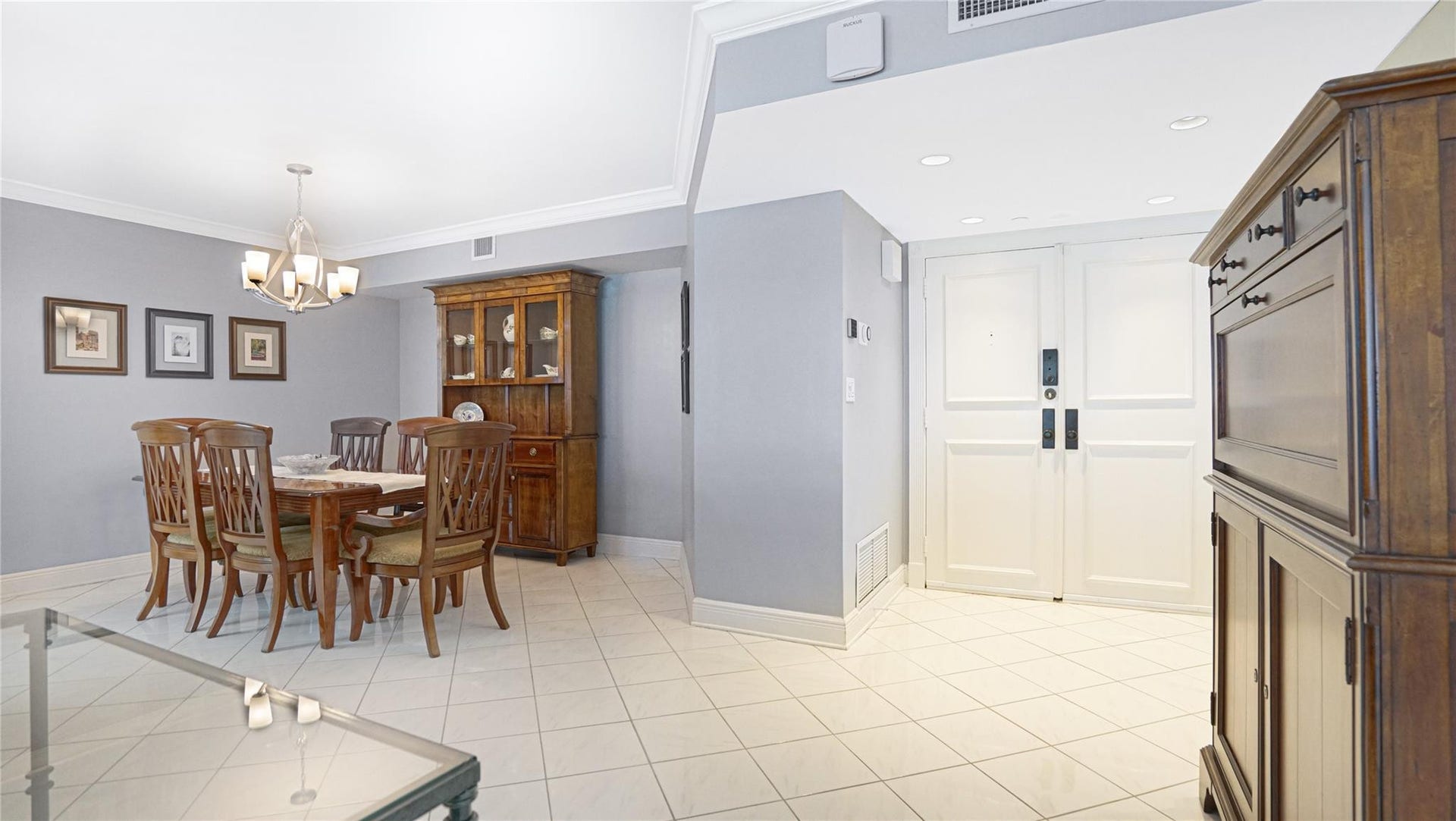 Facing the double door entry.