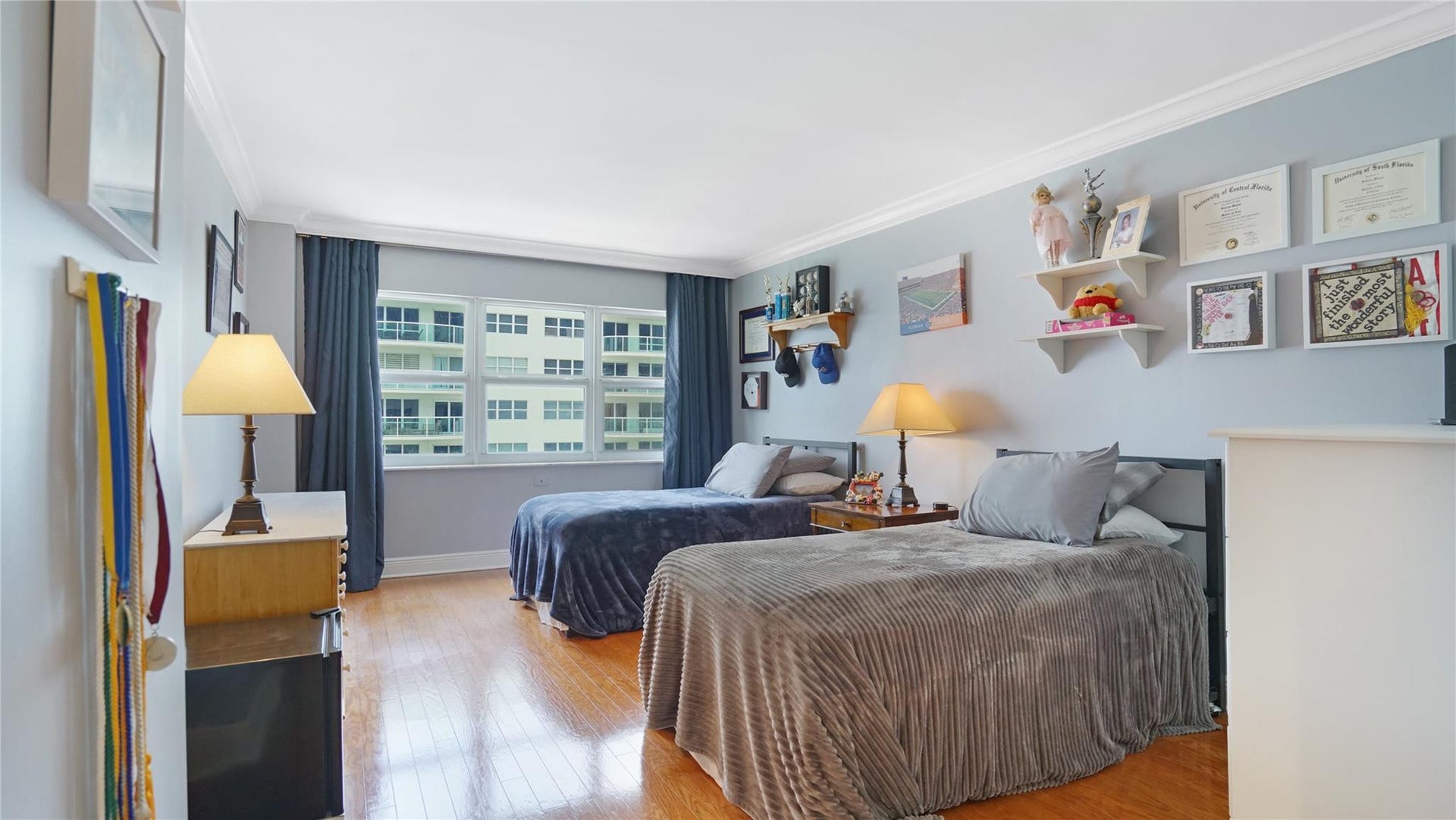 The second bedroom has the beds set up perfectly to see the ocean.