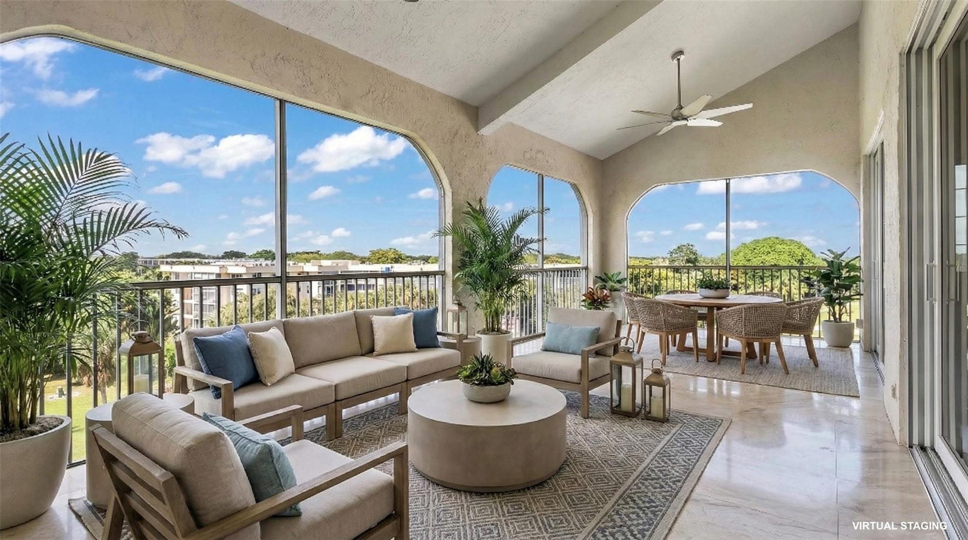 4116 W Palm Aire Drive, #166b, Pompano Beach, FL 33069 Arched openings frame sweeping views of the golf course and surrounding greenery, enhancing the serene ambiance. (Virtual Staging)
