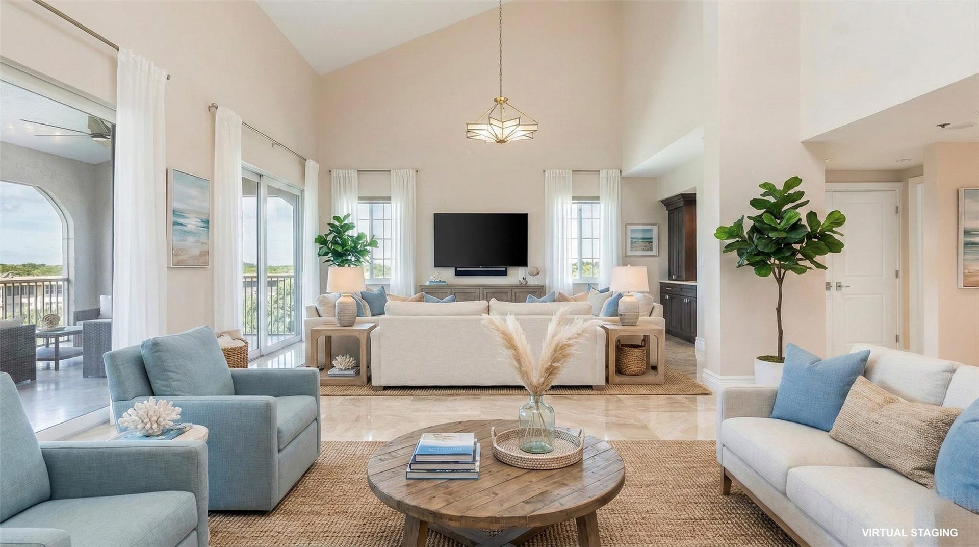4116 W Palm Aire Drive, #166b, Pompano Beach, FL 33069 Soaring ceilings, large tile floors, and custom lighting fixtures define this expansive open-concept living area. (Virtual Staging)
