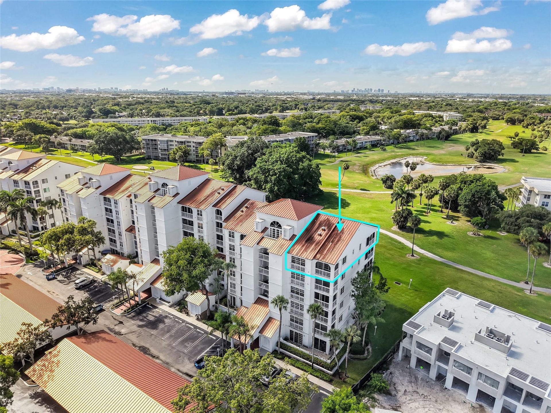 4116 W Palm Aire Drive, #166b, Pompano Beach, FL 33069 Top-floor corner unit outlined for reference, showcasing its premium location overlooking the golf course.