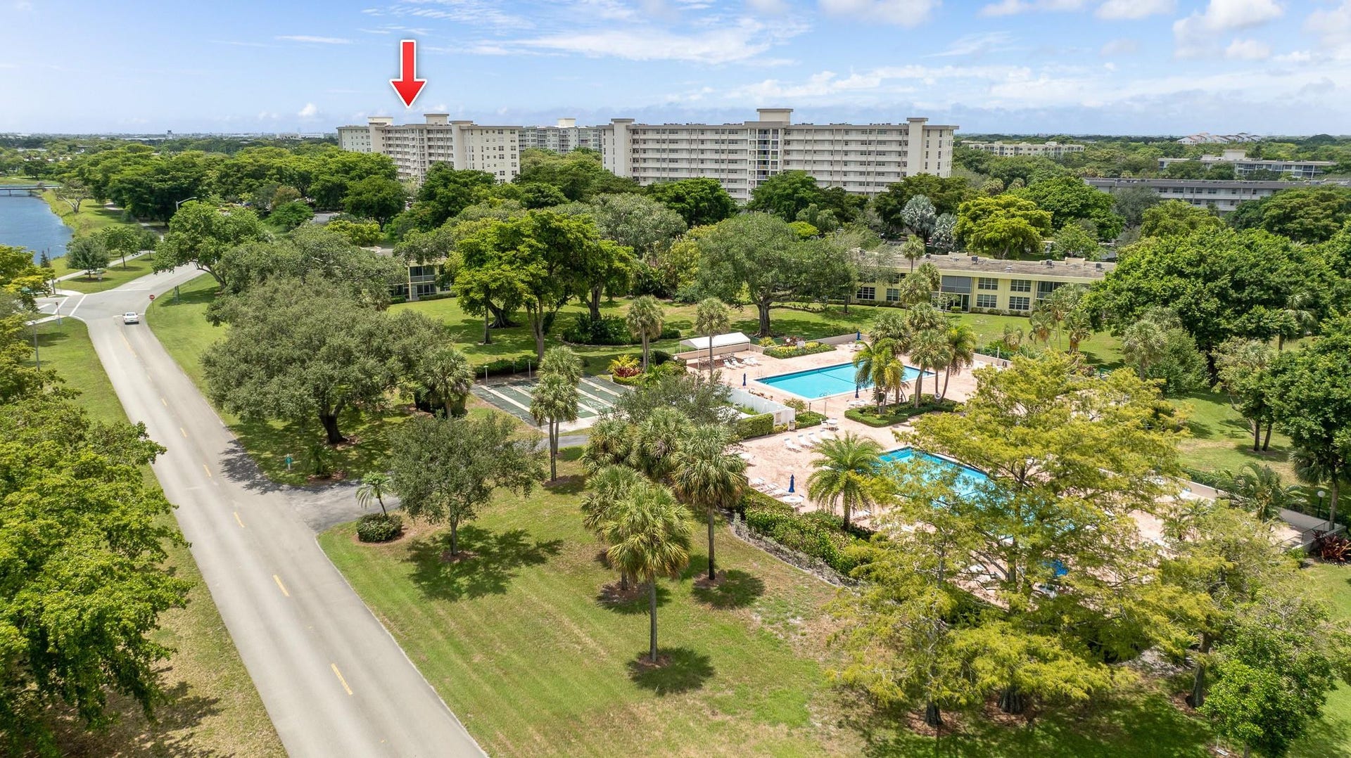 Drone shot of complex with Pools
