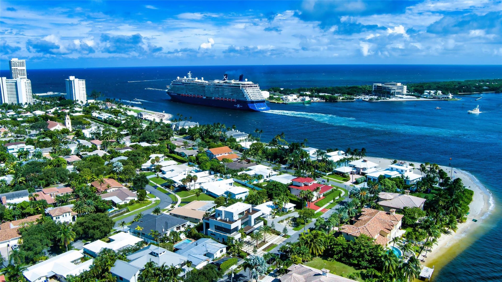 2000 Harbourview Drive, Fort Lauderdale, FL 33316 Aerial view looking Southeast as the Celebrity ship leaves Port Everglades and enters the Atlantic Ocean.