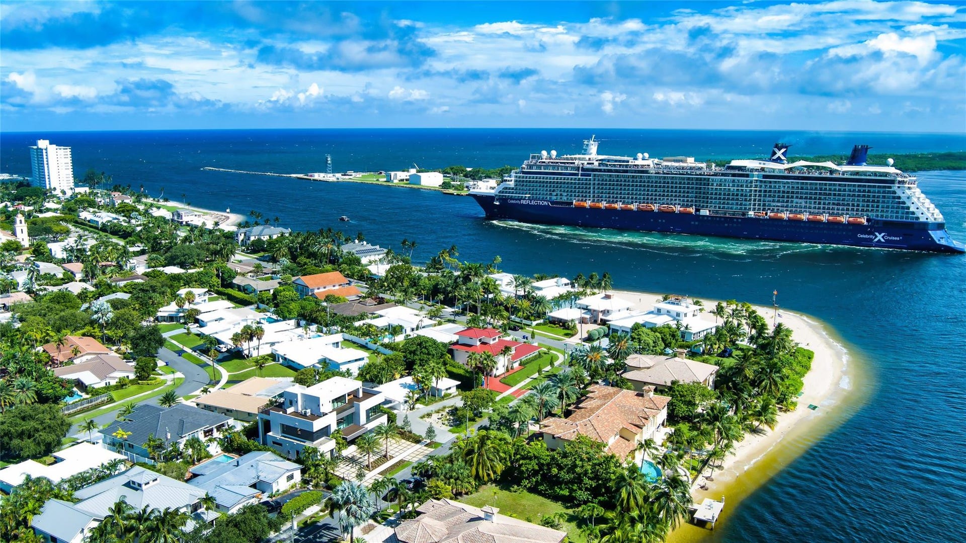2000 Harbourview Drive, Fort Lauderdale, FL 33316 Aerial view looking Southeast as the Celebrity ship leaves Port Everglades and enters the Atlantic Ocean.