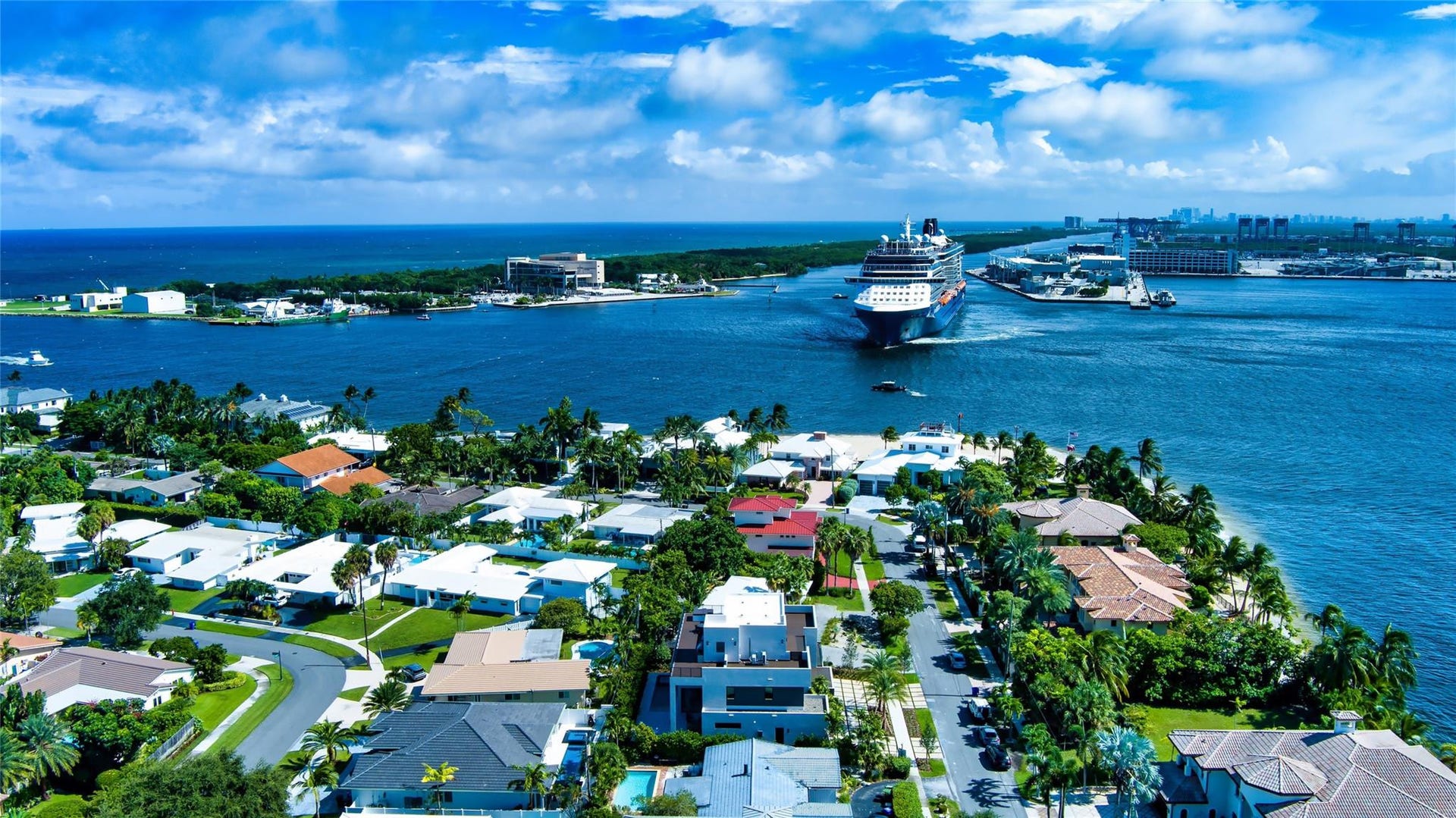 2000 Harbourview Drive, Fort Lauderdale, FL 33316 Aerial view looking South as the Celebrity ship leaves Port Everglades and enters the Atlantic Ocean.