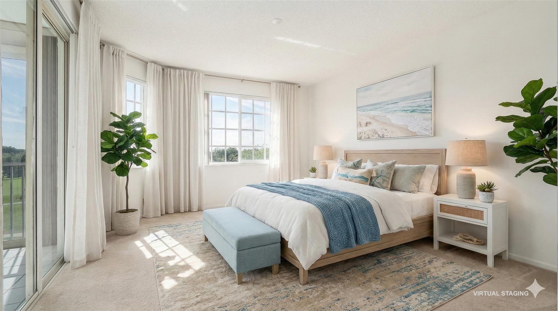 4116 W Palm Aire Drive, #165A, Pompano Beach, FL 33069 Primary bedroom with gold course views and access to enclosed balcony. (virtual staging)