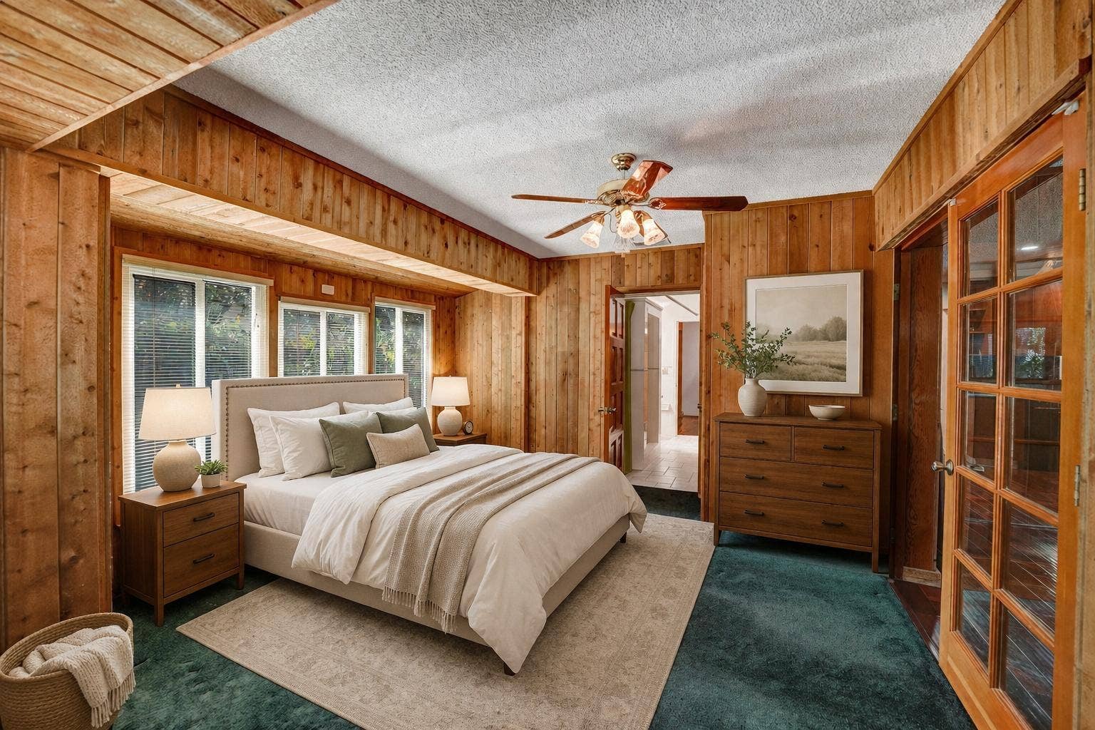 4731 NE 13 Avenue, Oakland Park, FL 33334 Bedroom virtually staged. Features include French doors and bay window.