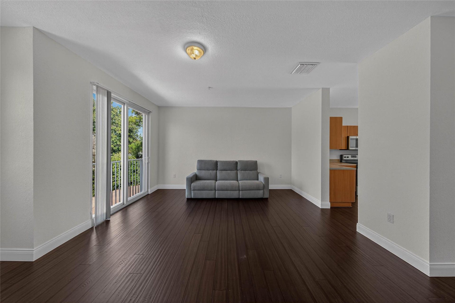 Engineered hardwood floors throughout living area and bedrooms