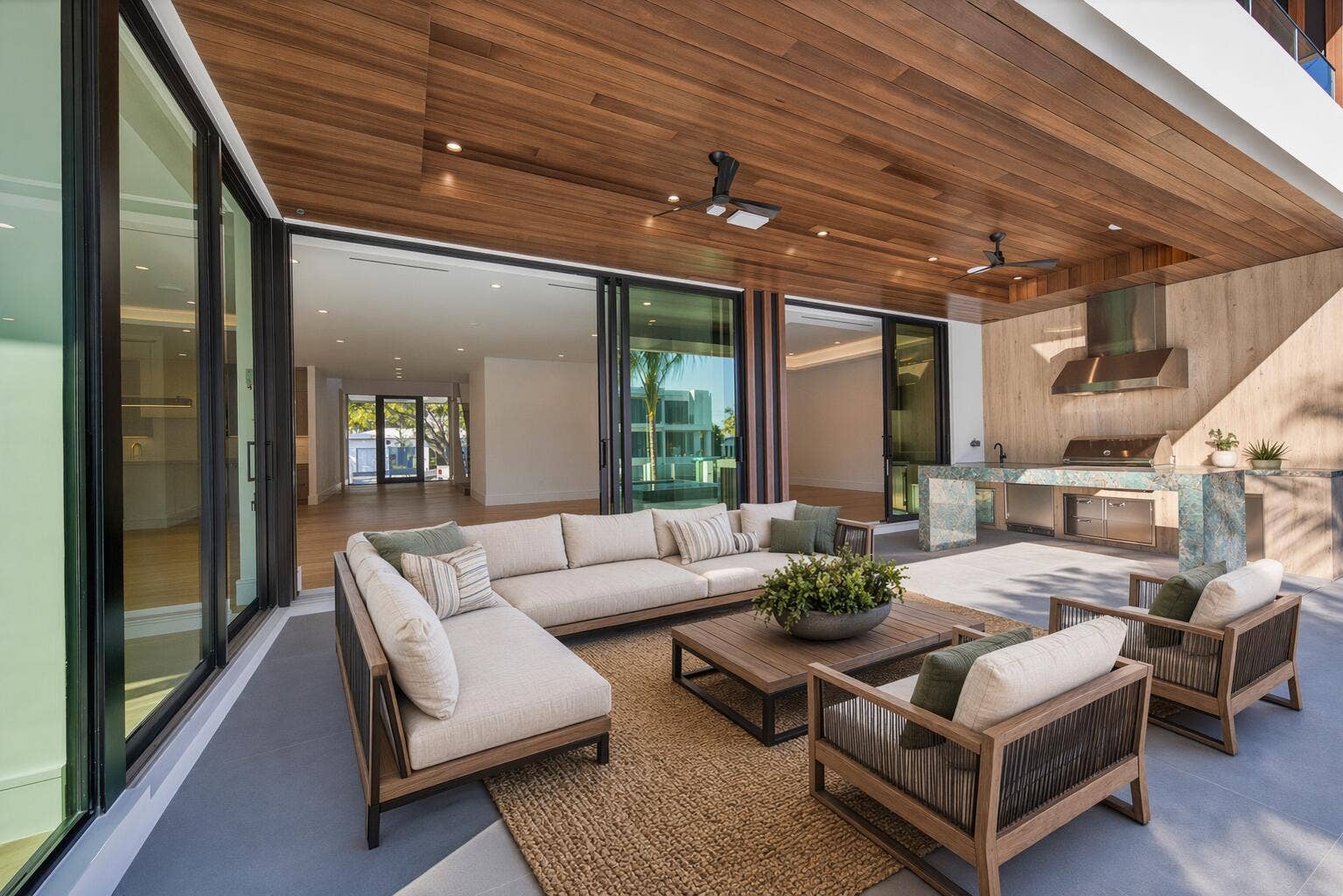 Modern patio with lush greenery