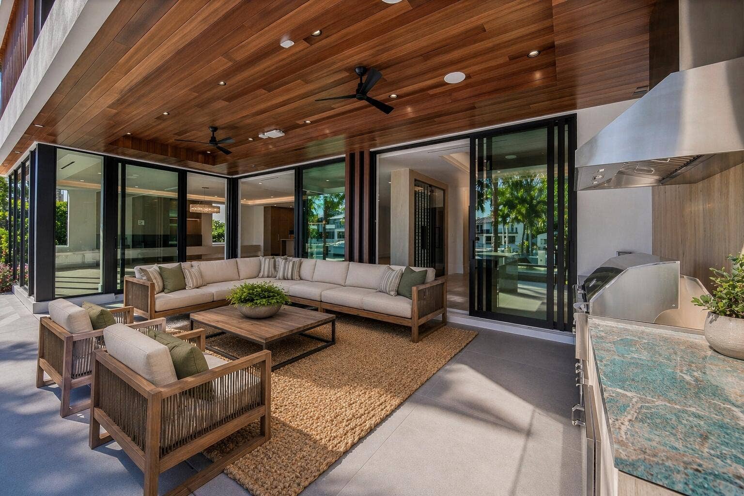 Modern tropical patio lounge with greene
