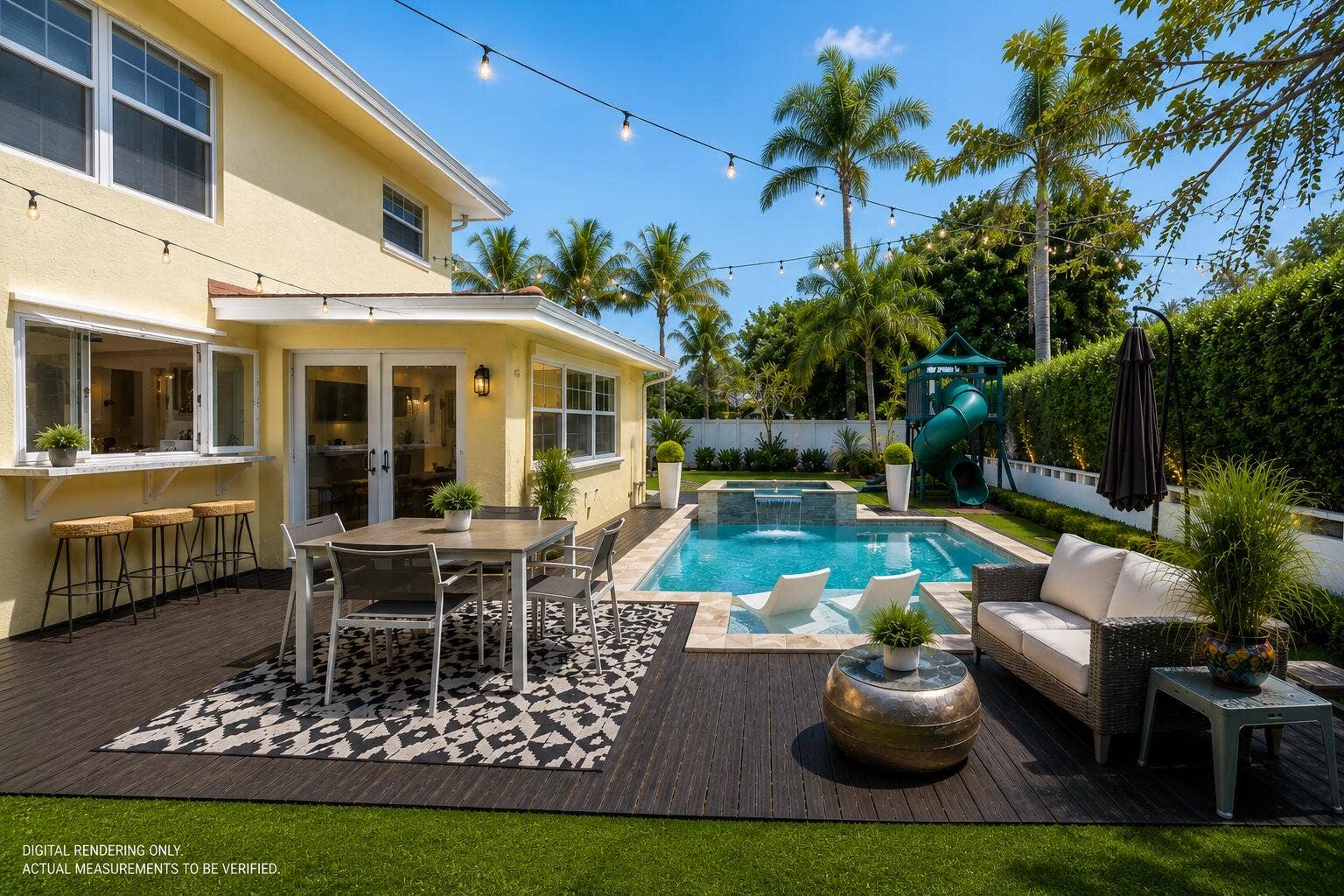 Digital rendering of a possible backyard transformation featuring a custom pool, spa, outdoor serving window, and seamless indoor-outdoor entertaining space. Actual design and dimensions to be verified by buyer.