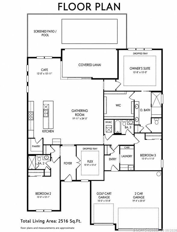 Stellar 2516 SF floor plan featuring 3 bedrooms, 3 full baths, and a versatile flex room. Open-concept design includes a spacious gathering room, gourmet kitchen with large center island and pantry, caf dining area, and covered lanai overlooking the screened pool patio. Private owners suite offers a spa-style bath and oversized walk-in closet. Split-bedroom layout, spacious laundry room, and oversized 2.5-car garage with golf cart space complete this exceptional home.