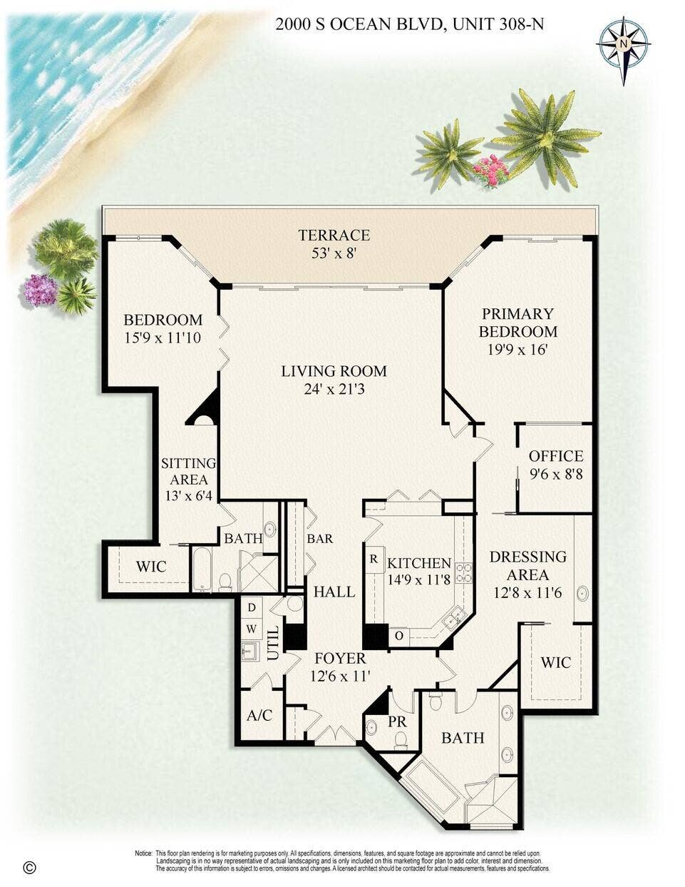 2000 S Ocean Boulevard, #308n, Palm Beach, FL 33480 Color Floor Plan