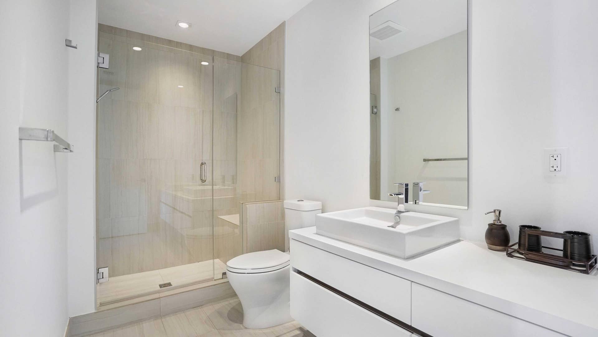 Primary bath with contemporary finishes