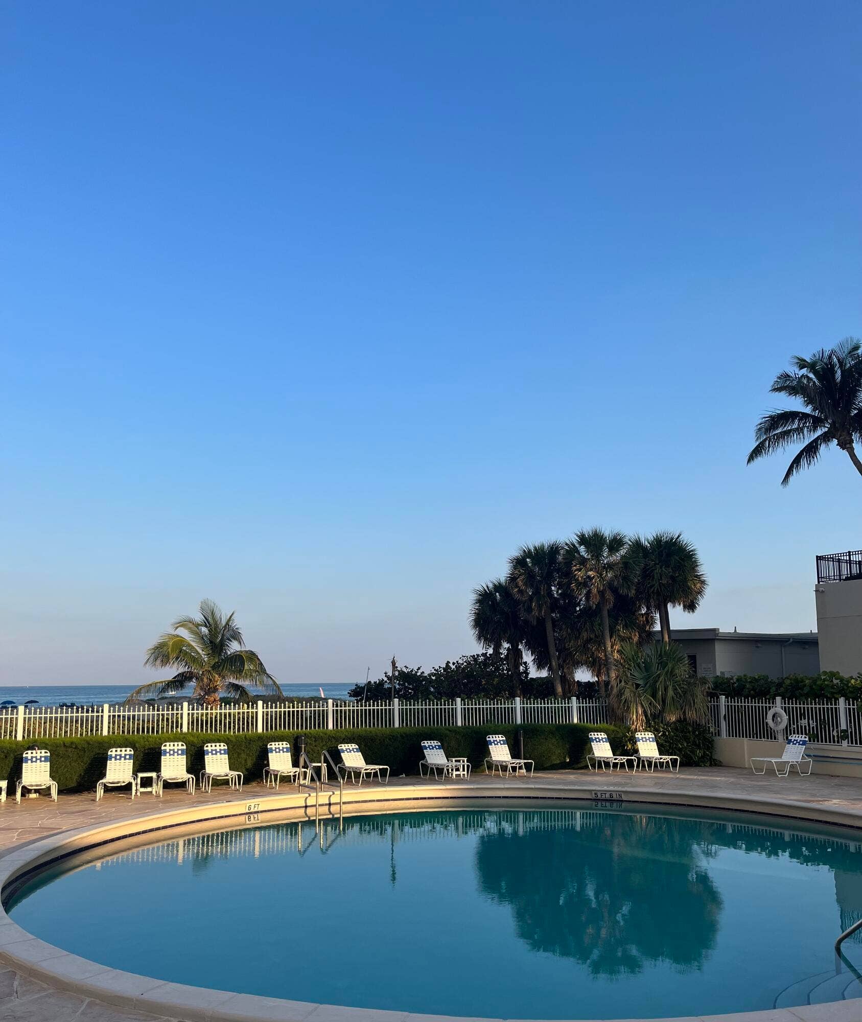Outdoor swimming pool with a curved edge and surrounding paved deck