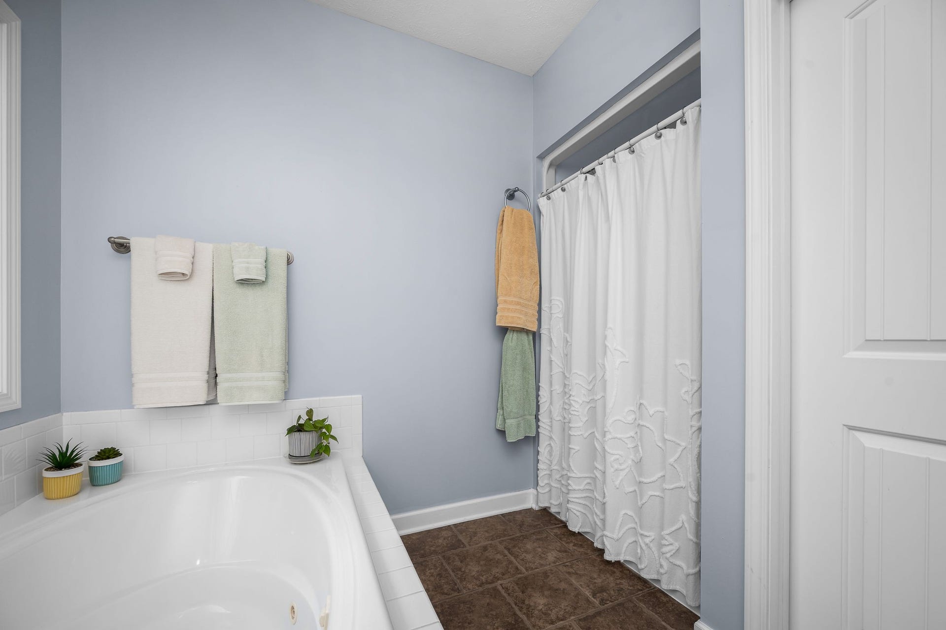 144 Richland Ct, Manchester, TN 37355 The elegant tub invites you to unwind after a long day, while the separate shower offers a refreshing escape.
