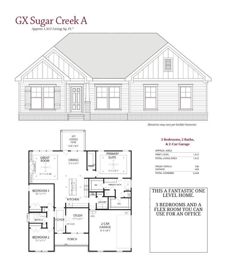 628 Brookside Dr, Mount Pleasant, TN 38474 This is the floor plan of the house. All on one level, three bedrooms and even a flex room that can be used as an office, den or study.