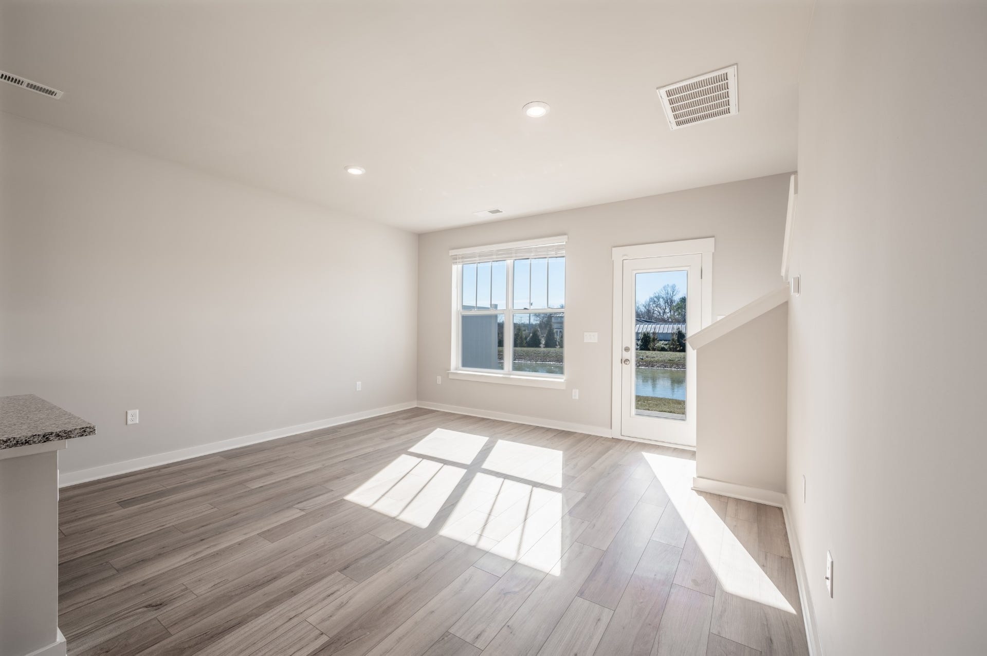 Dining room with view of the water feature in the back