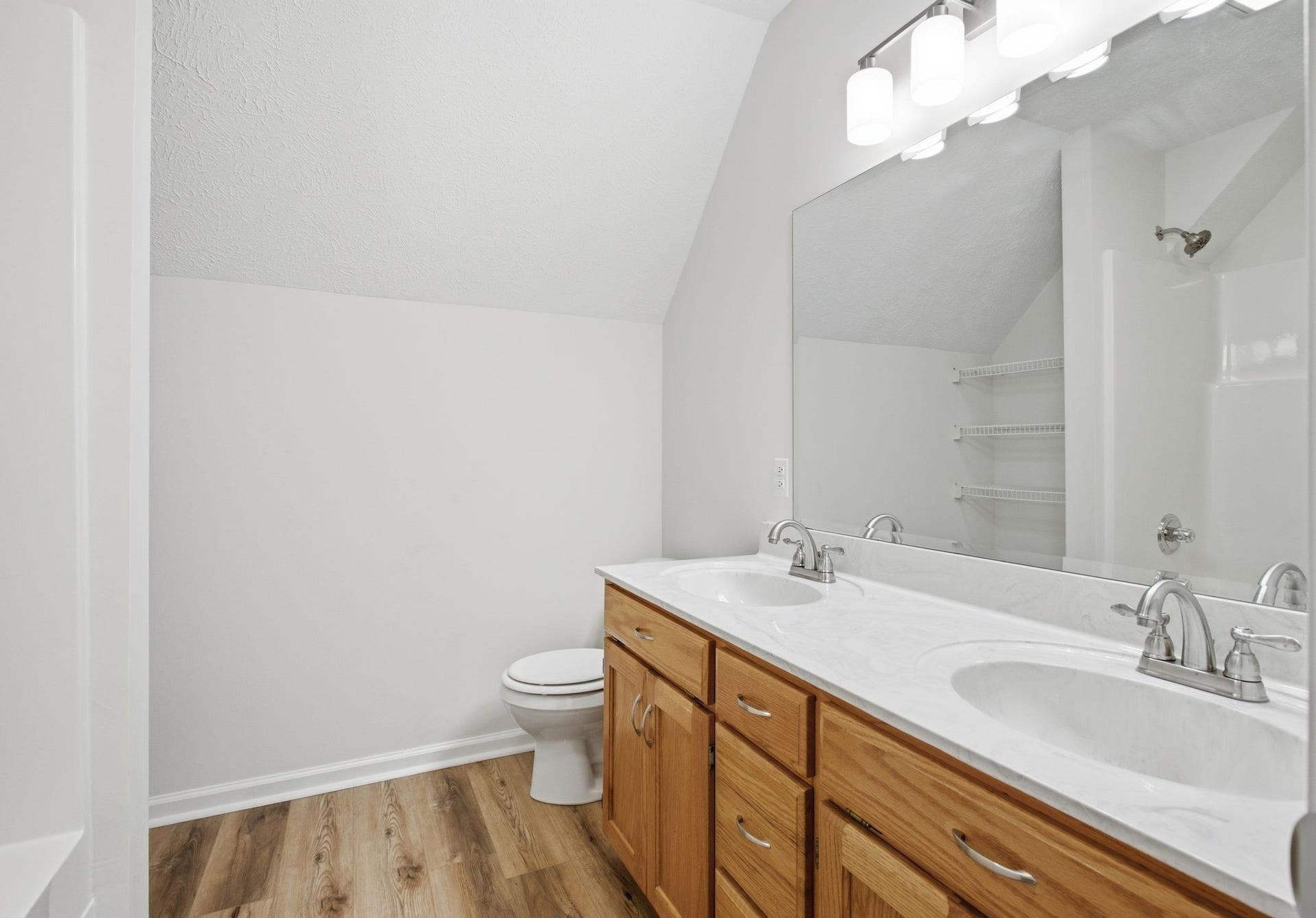 Upstairs Hall Bath: New flooring, lighting, faucets and cabinet hardware