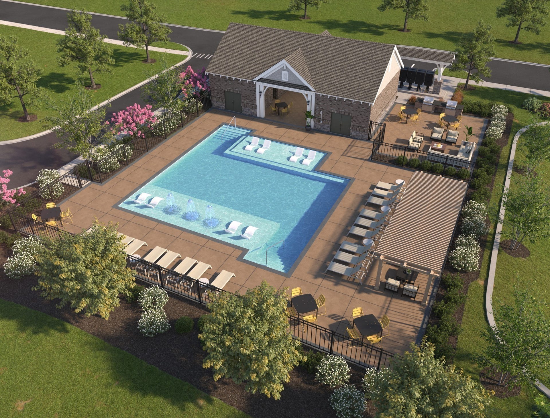 2705 Wilkinson Pike, #2, Murfreesboro, TN 37129 Artist's rendering of the future community pool, showcasing a sparking pool area with surrounding lounge spaces, perfect for relaxation, recreation and social gatherings.