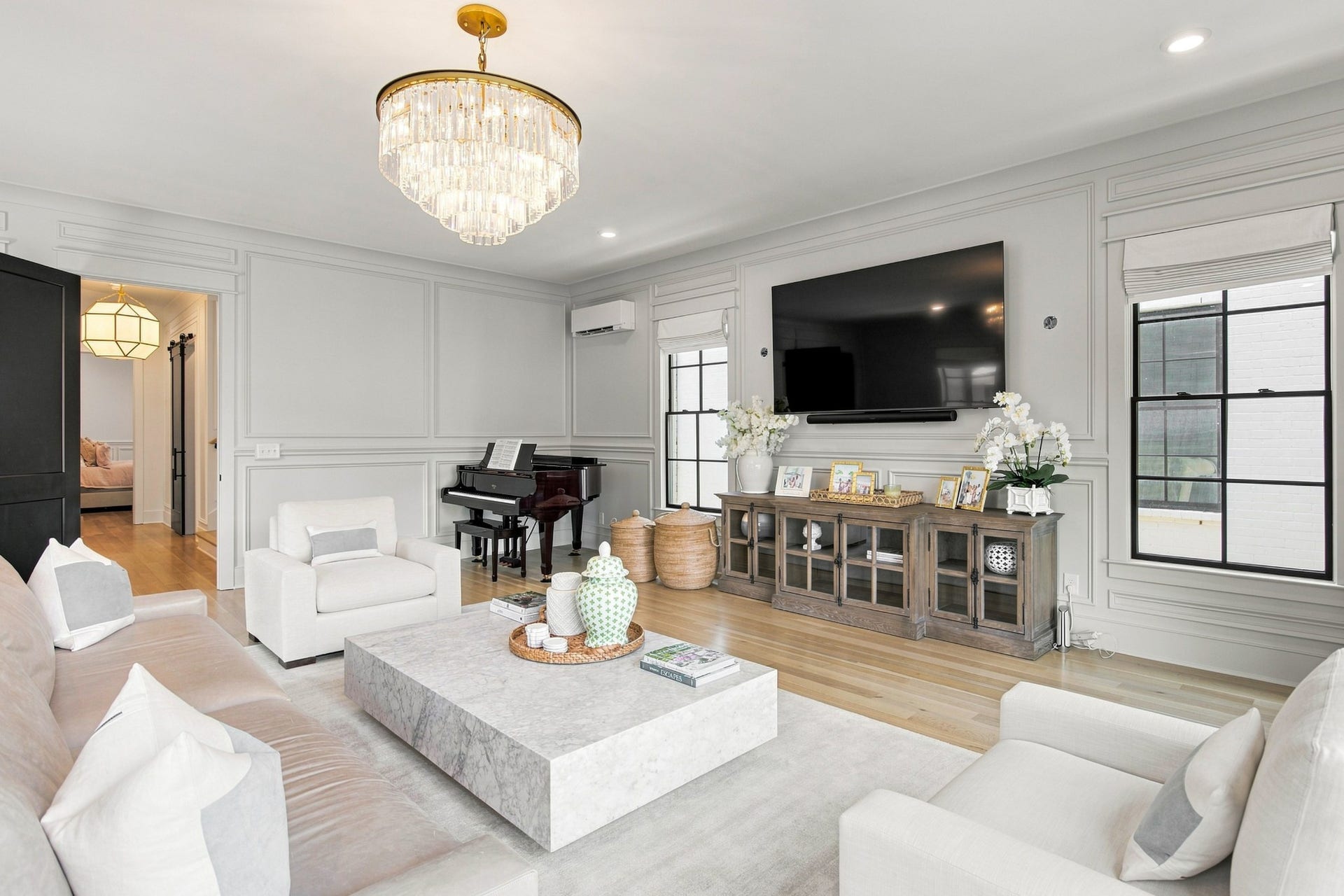 3914 Abbott Martin Rd, Nashville, TN 37215 Visual Comfort Sconces will be hung on the tv wall .