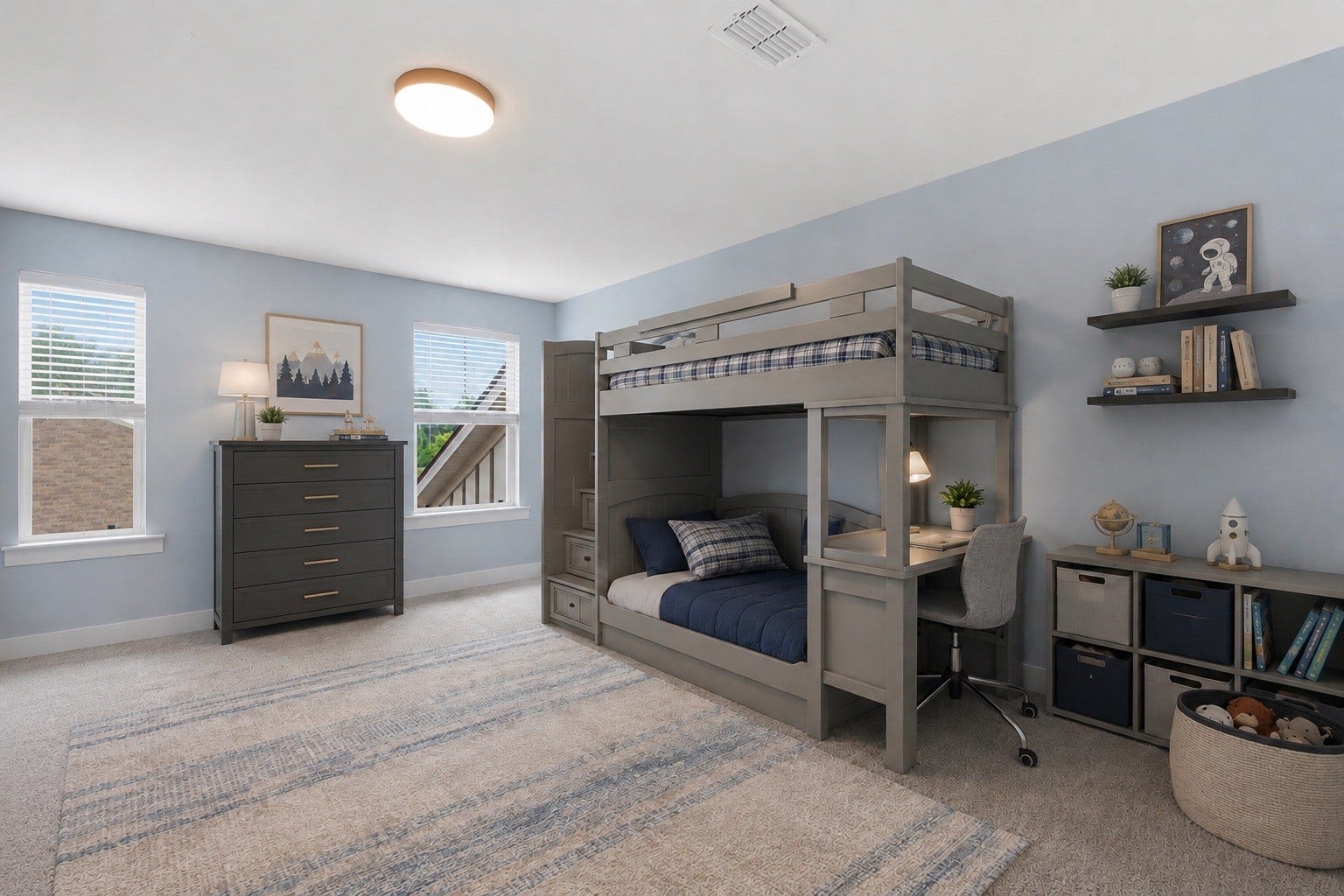 2108 Halfmoon Way, Murfreesboro, TN 37130 Upper level secondary bedroom with plenty of space for sleeping, study and play! (virtually staged to show possible furniture placement for school aged children's room)