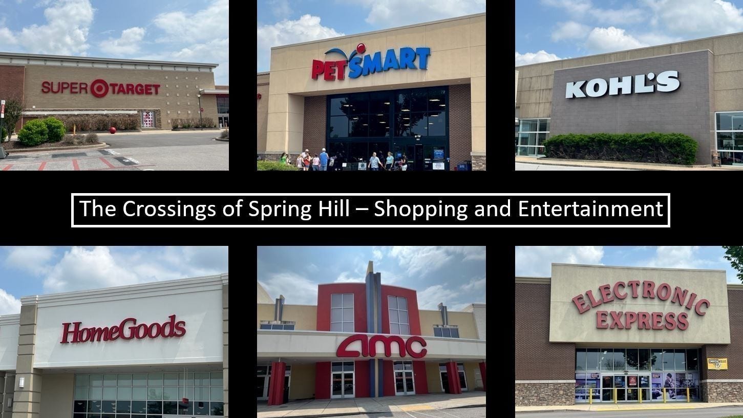 Located 10 minutes from the community is the Crossings of Spring Hill. At this shopping area you can enjoy plenty of shopping, including these big name stores, just to name a few.