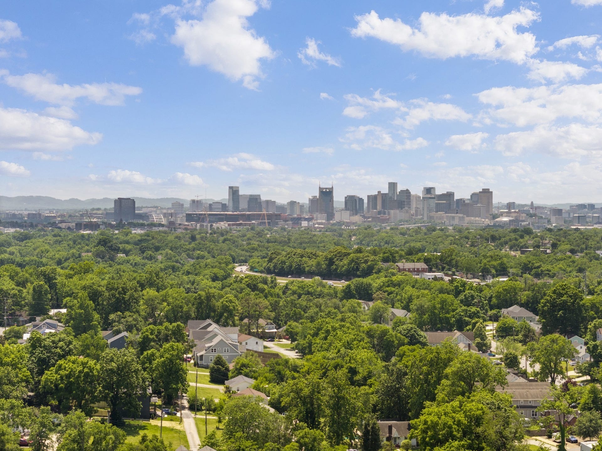 Drone view of downtown from above the property.