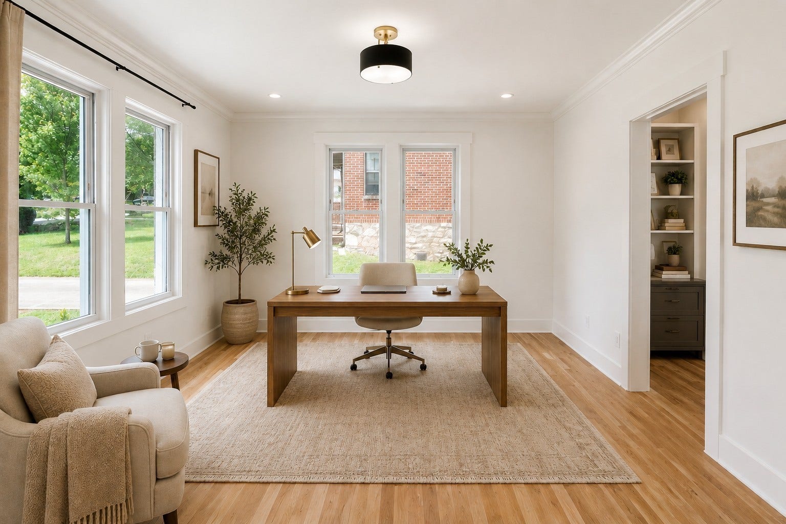 Virtually staged photo of bedroom/office on first floor