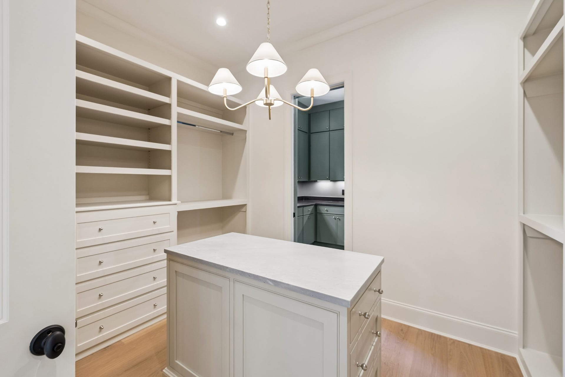 1133 Maplehurst Ln, Nashville, TN 37204 Impressive custom primary closet offers extensive built-in shelving and cabinetry on multiple walls, plus a generous center islandbeautifully designed for organization and storage.