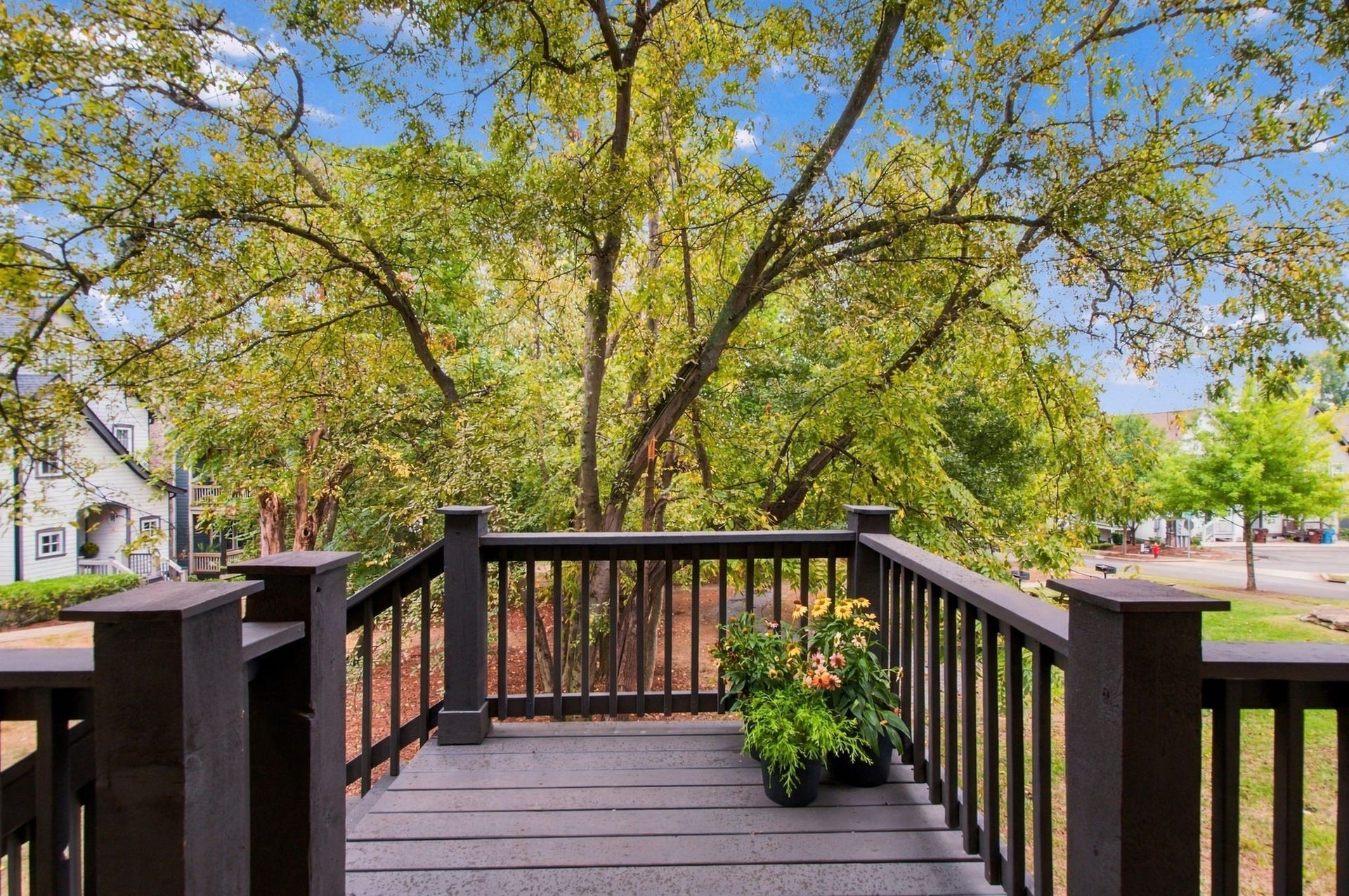 The back deck looks over the common green space