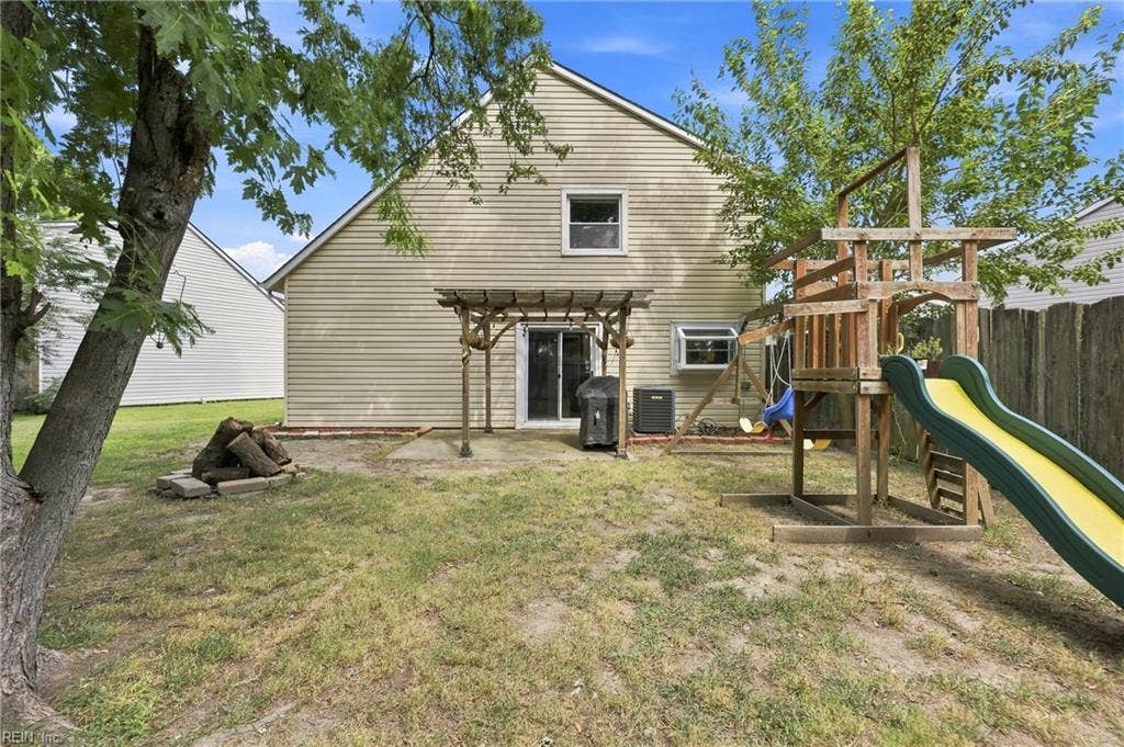 1517 Newport Circle, Virginia Beach, VA 23453 Backyard with patio, fire pit and playset.
