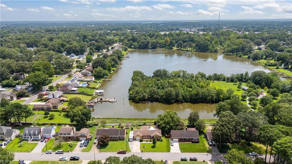 5917 Woodhaven Court, Kempsville, Virginia Beach, VA 23464 AERIAL VIEW. NO HOA. NO DEEPWATER ACCESS BUT BREATHTAKING VIEW WITHIN THE COMFORT OF INSIDE THE HOME OR ON THE DECK. NOT IN FLOOD ZONE.