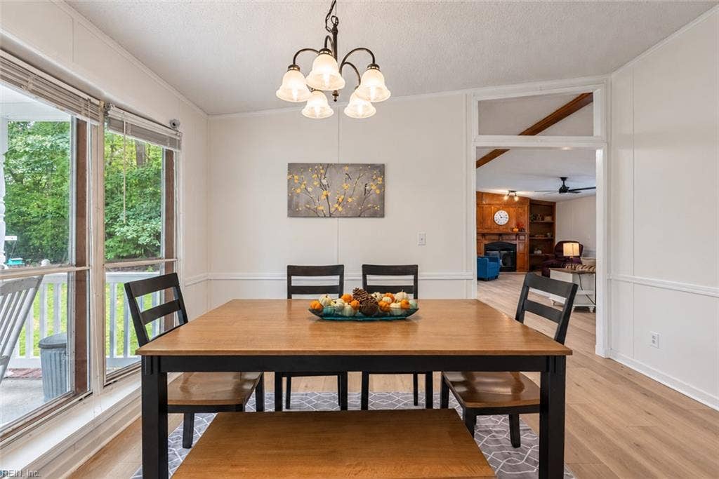 Dining room with new light fixture