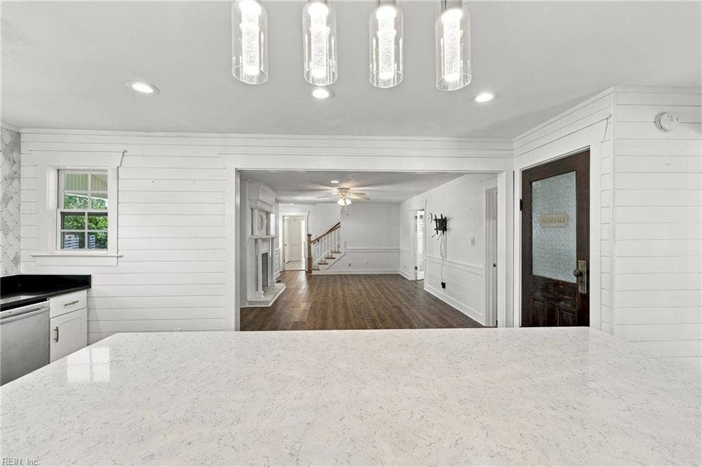 Looking from your island countertop to the open living room.